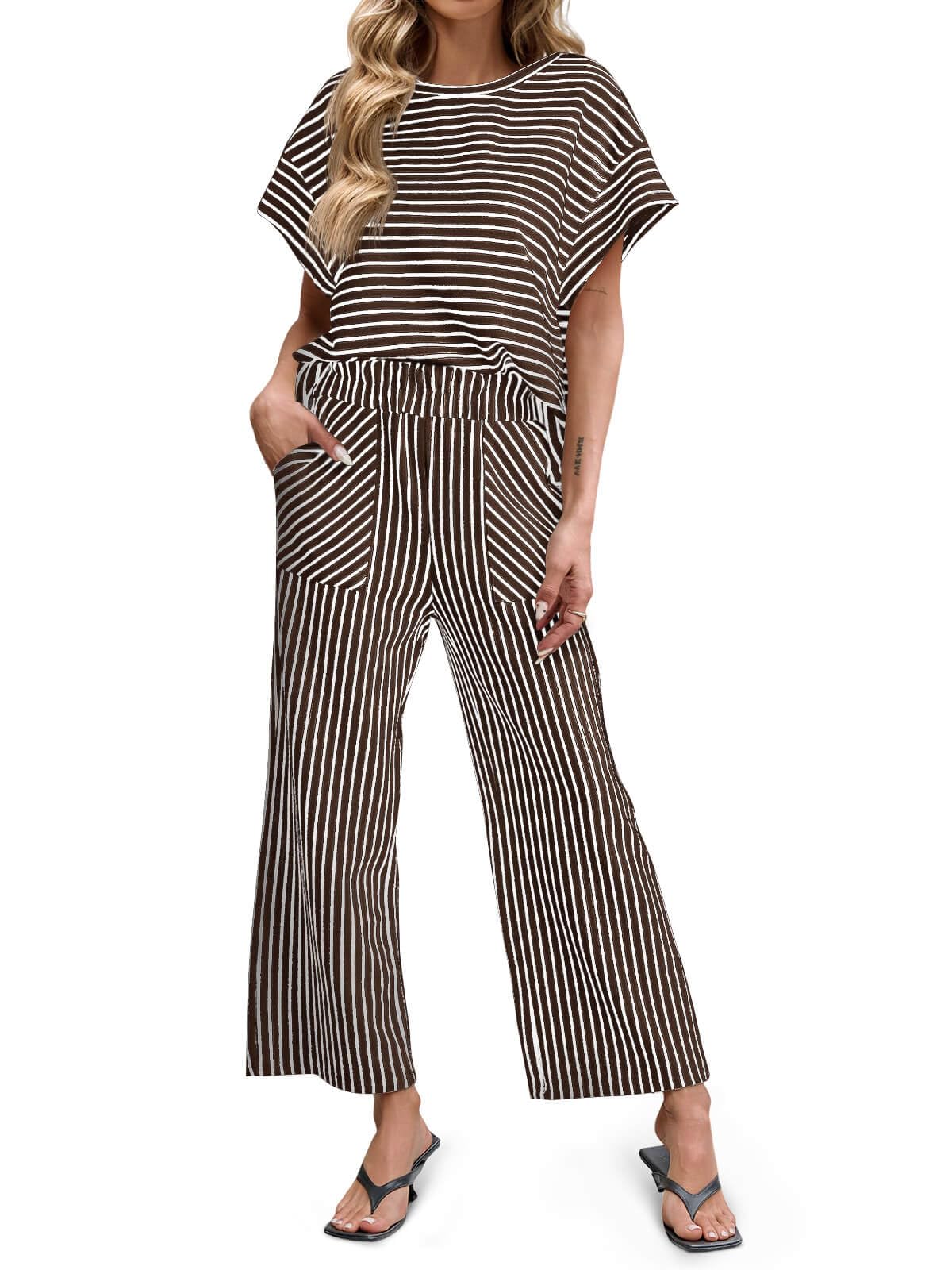 Striped Short Sleeve T-Shirts Wide Leg Pants Two Piece Set