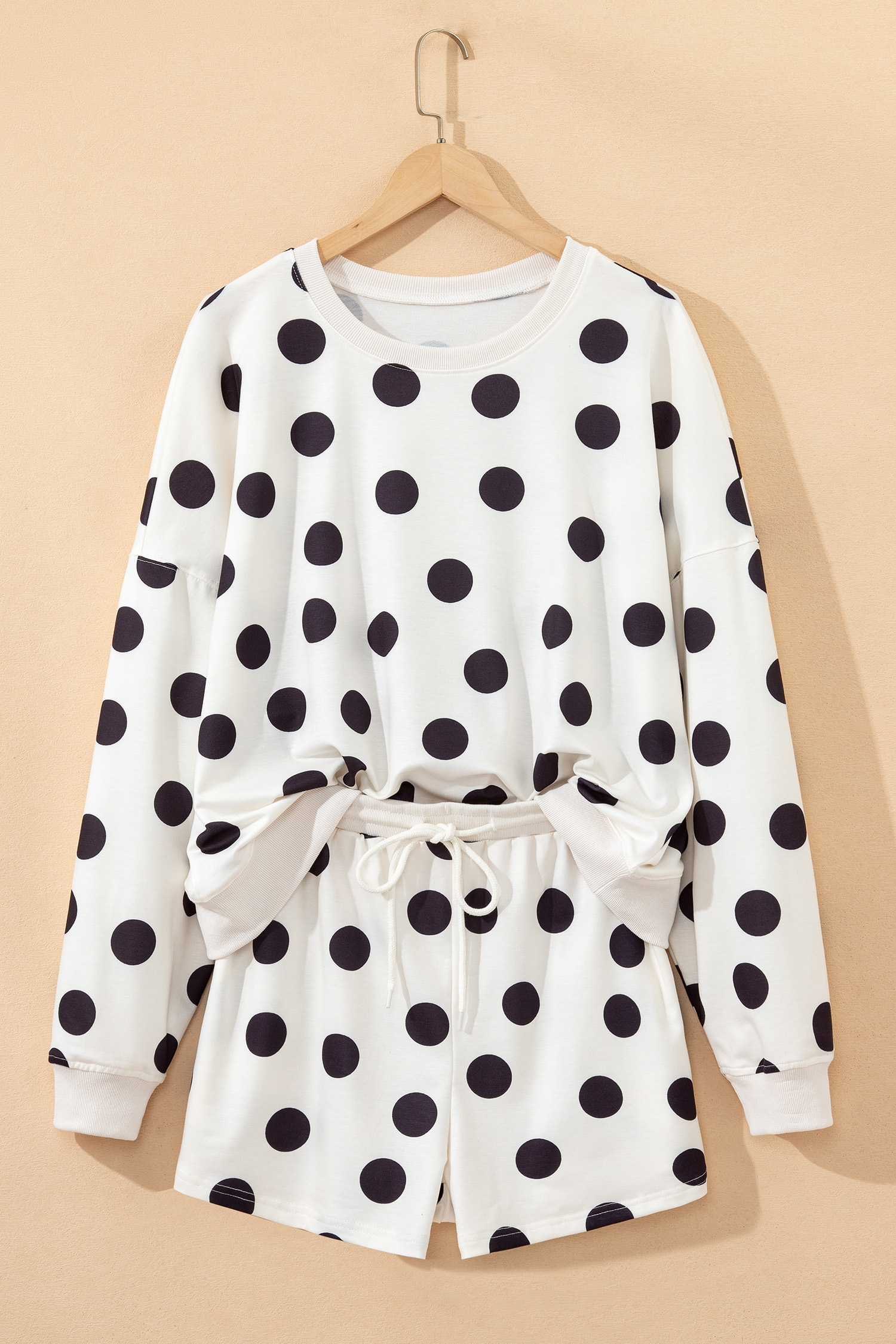 Polka Dot Print Drop Shoulder Pullover Drawstring Shorts Set