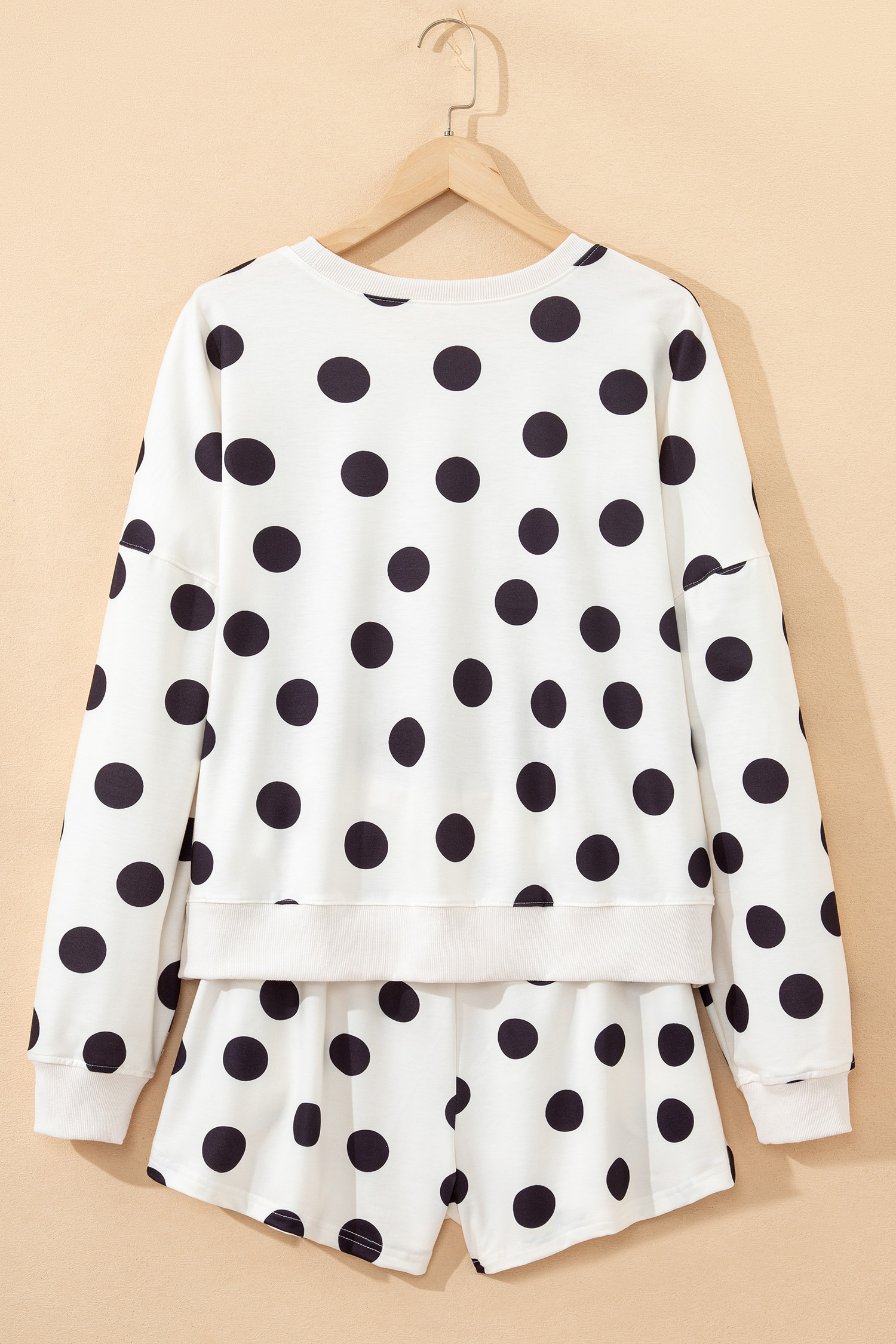 Polka Dot Print Drop Shoulder Pullover Drawstring Shorts Set
