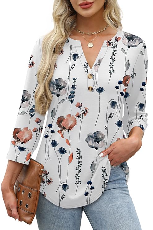 2025 New Womens 3/4 Sleeve Heley Button V neck Tops(buy 3 free shipping)