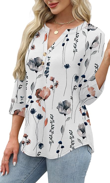 2025 New Womens 3/4 Sleeve Heley Button V neck Tops(buy 3 free shipping)