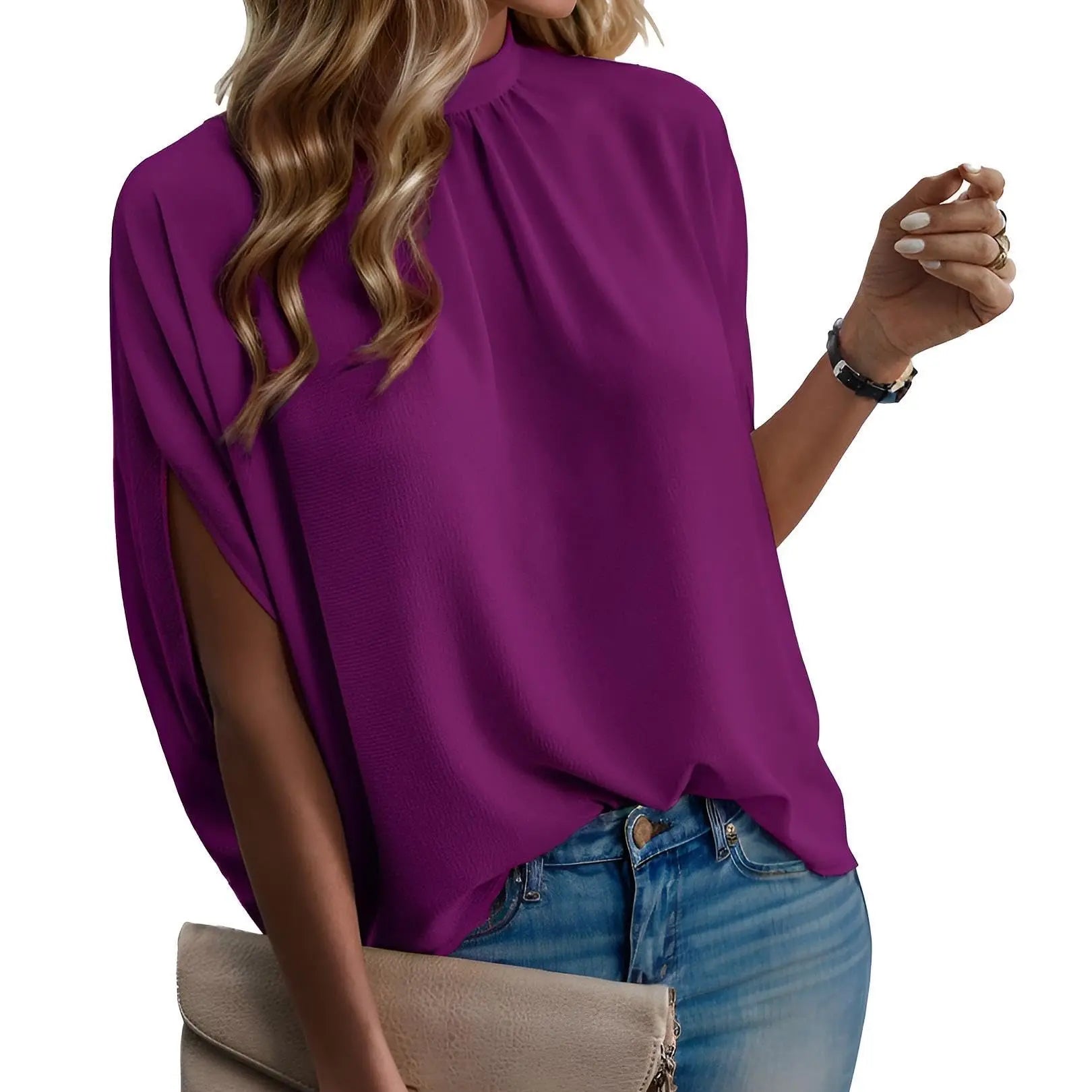 Women's Mock Neck Batwing Sleeve Blouse Loose Fit Tie Back Summer Tunic Tops