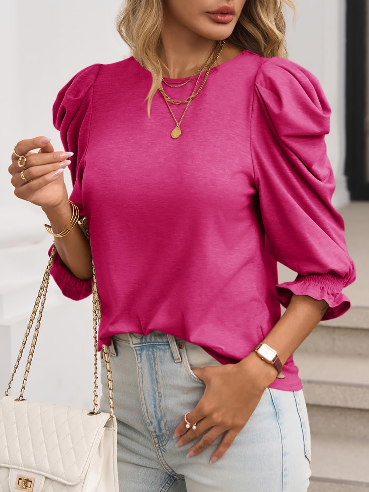 2025 Fall Womens 3/4 Length Puff Sleeve Tops Trendy T Shirts with Smocked Cuffs(BUY 2 FREE SHIPPING)