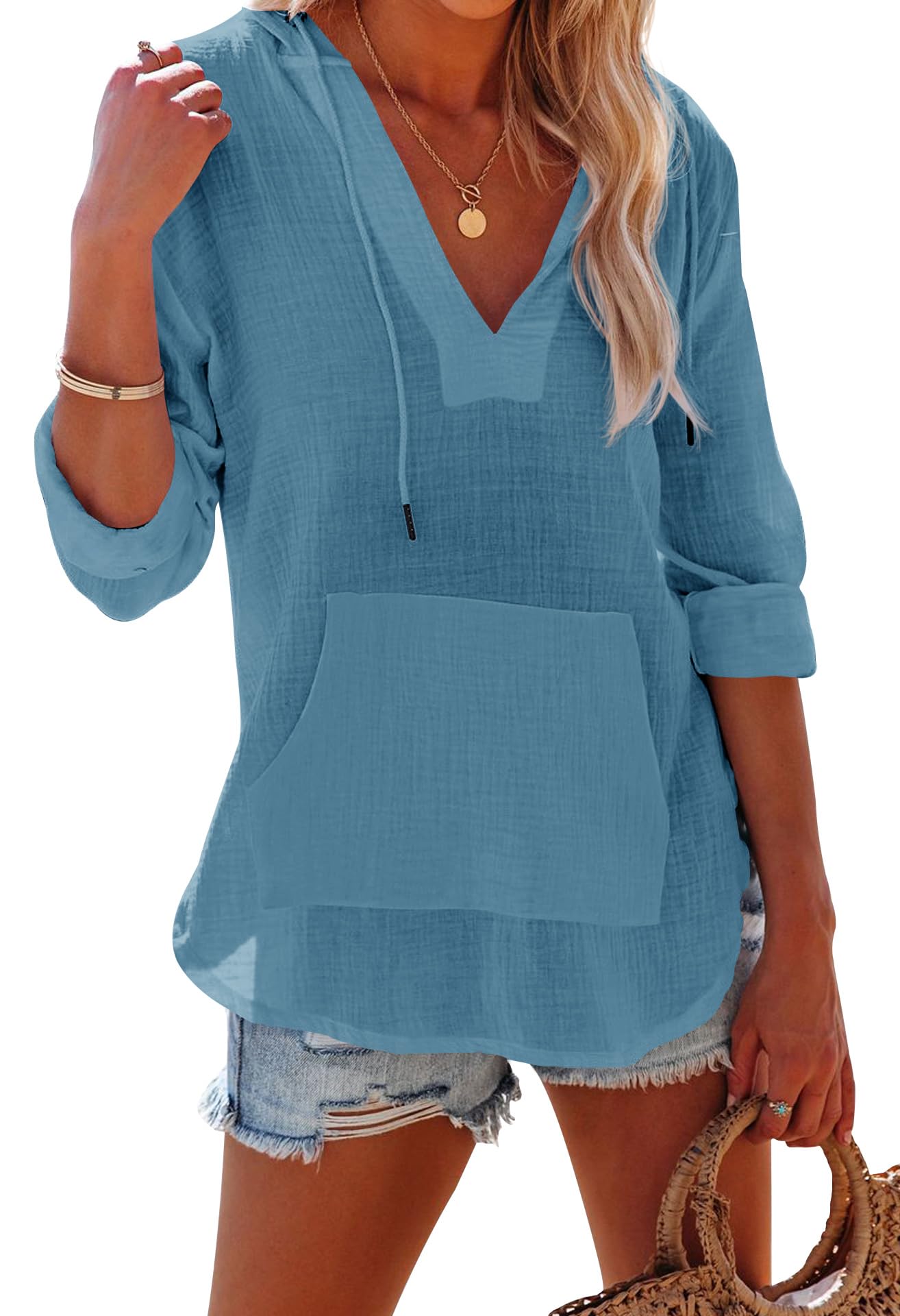 2025 New Women's Long Sleeve V Neck Pocketed Hooded Shirt Top(buy 2 free shipping)