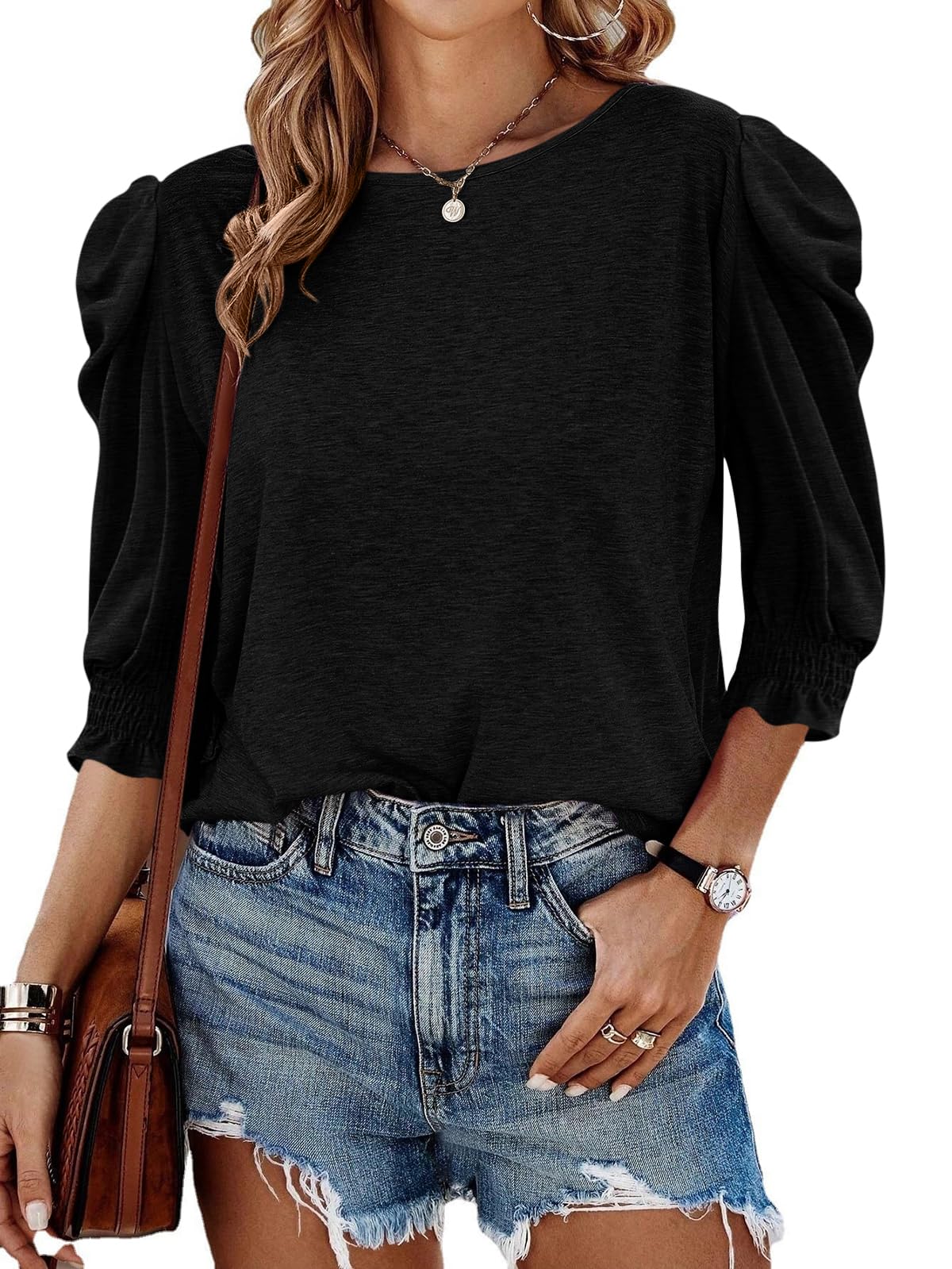 2025 Fall Womens 3/4 Length Puff Sleeve Tops Trendy T Shirts with Smocked Cuffs(BUY 2 FREE SHIPPING)