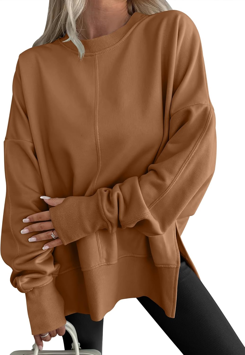 Womens Oversized Thumbhole Long Sleeve Side Slit Pullover Top