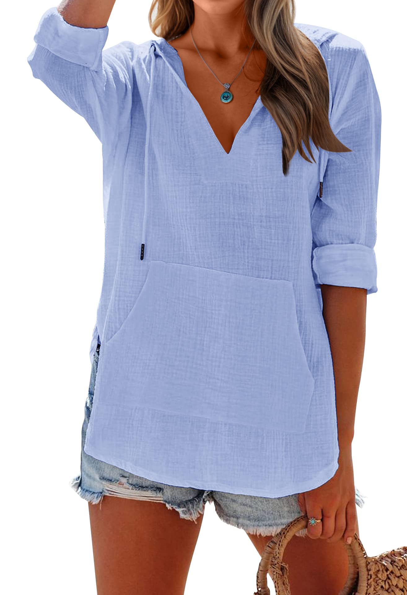 2025 New Women's Long Sleeve V Neck Pocketed Hooded Shirt Top(buy 2 free shipping)