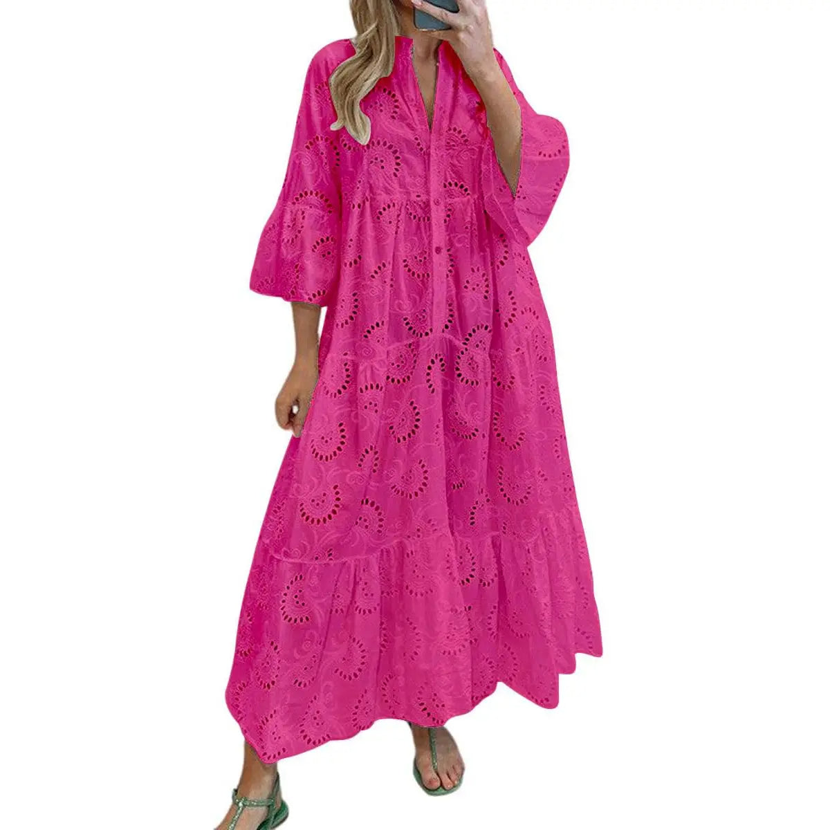 Women's Boho Lace Eyelet Embroidery Maxi Dress