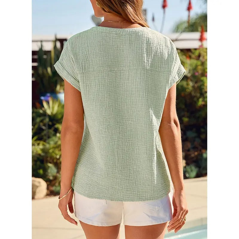 Women’s Summer Boho Tops Casual Button Short Sleeve V Neck Shirts Solid Cotton Blouses