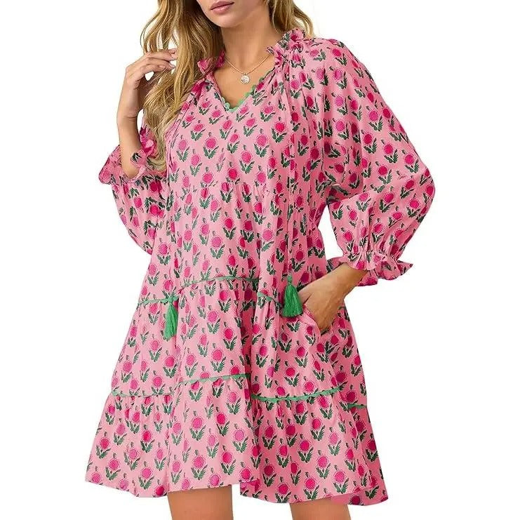 Women's Casual Floral Ruffle V-Neck Mini Dress with Pockets