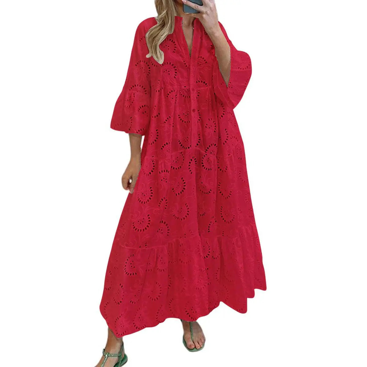 Women's Boho Lace Eyelet Embroidery Maxi Dress