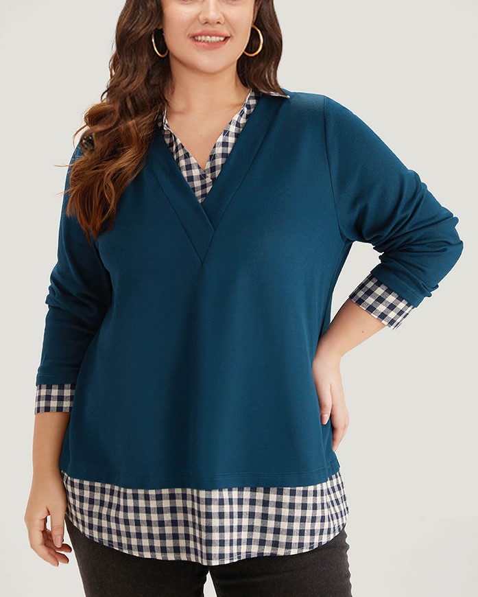 Plaid patchwork shirt V-neck curved hem sweatshirt【Buy Two Free Shipping】