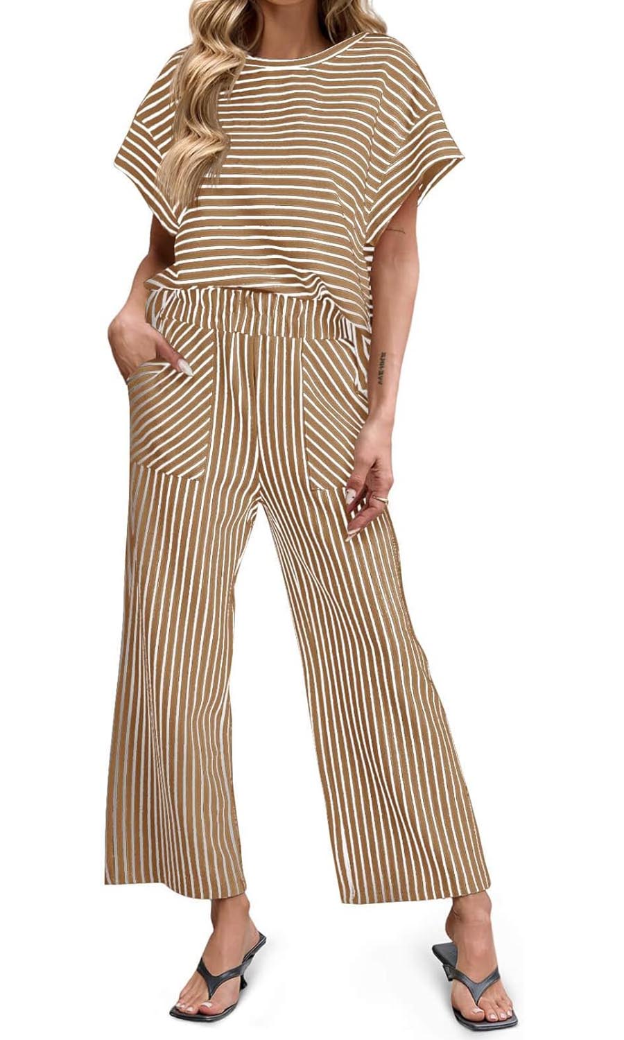 Striped Short Sleeve T-Shirts Wide Leg Pants Two Piece Set