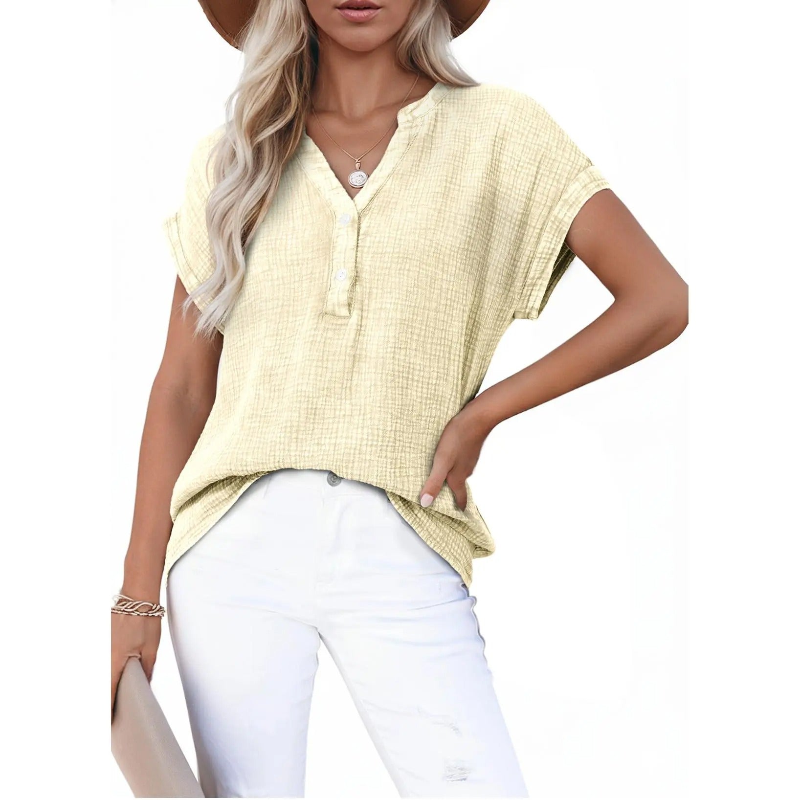 Women’s Summer Boho Tops Casual Button Short Sleeve V Neck Shirts Solid Cotton Blouses