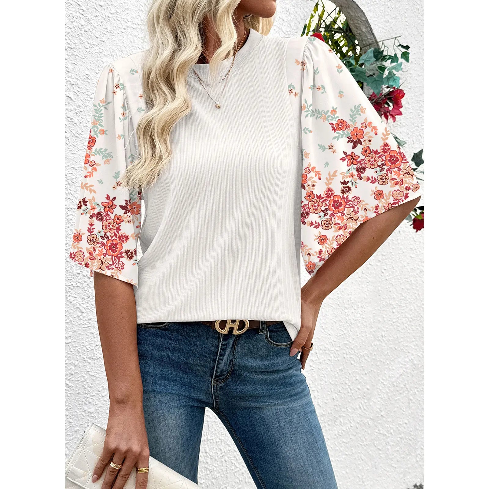 Women's Boho Floral Patchwork 3/4 Sleeve Blouse