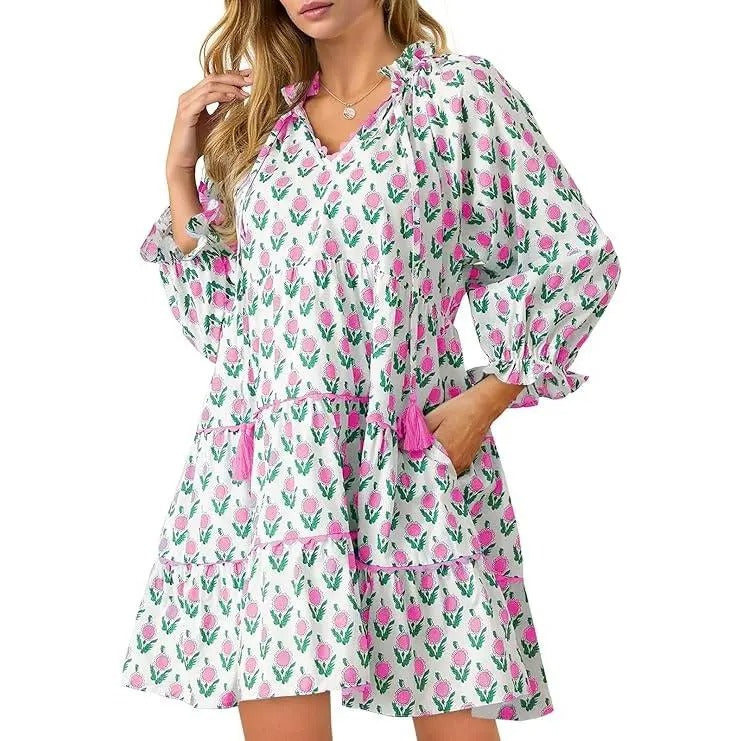 Women's Casual Floral Ruffle V-Neck Mini Dress with Pockets