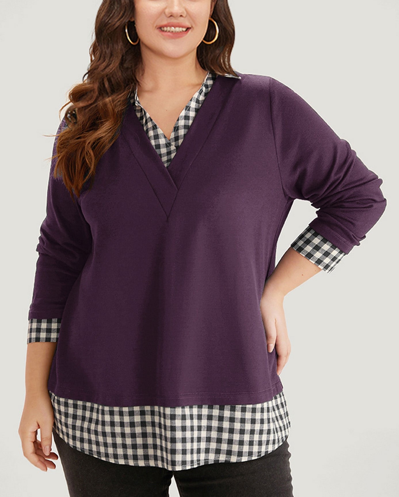 Plaid patchwork shirt V-neck curved hem sweatshirt【Buy Two Free Shipping】
