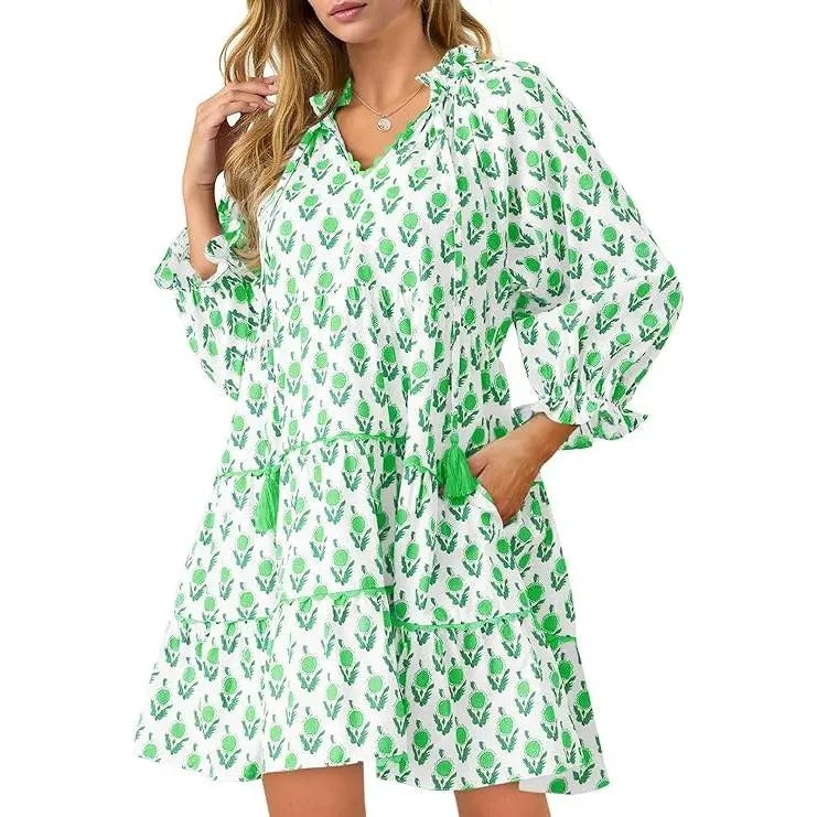 Women's Casual Floral Ruffle V-Neck Mini Dress with Pockets