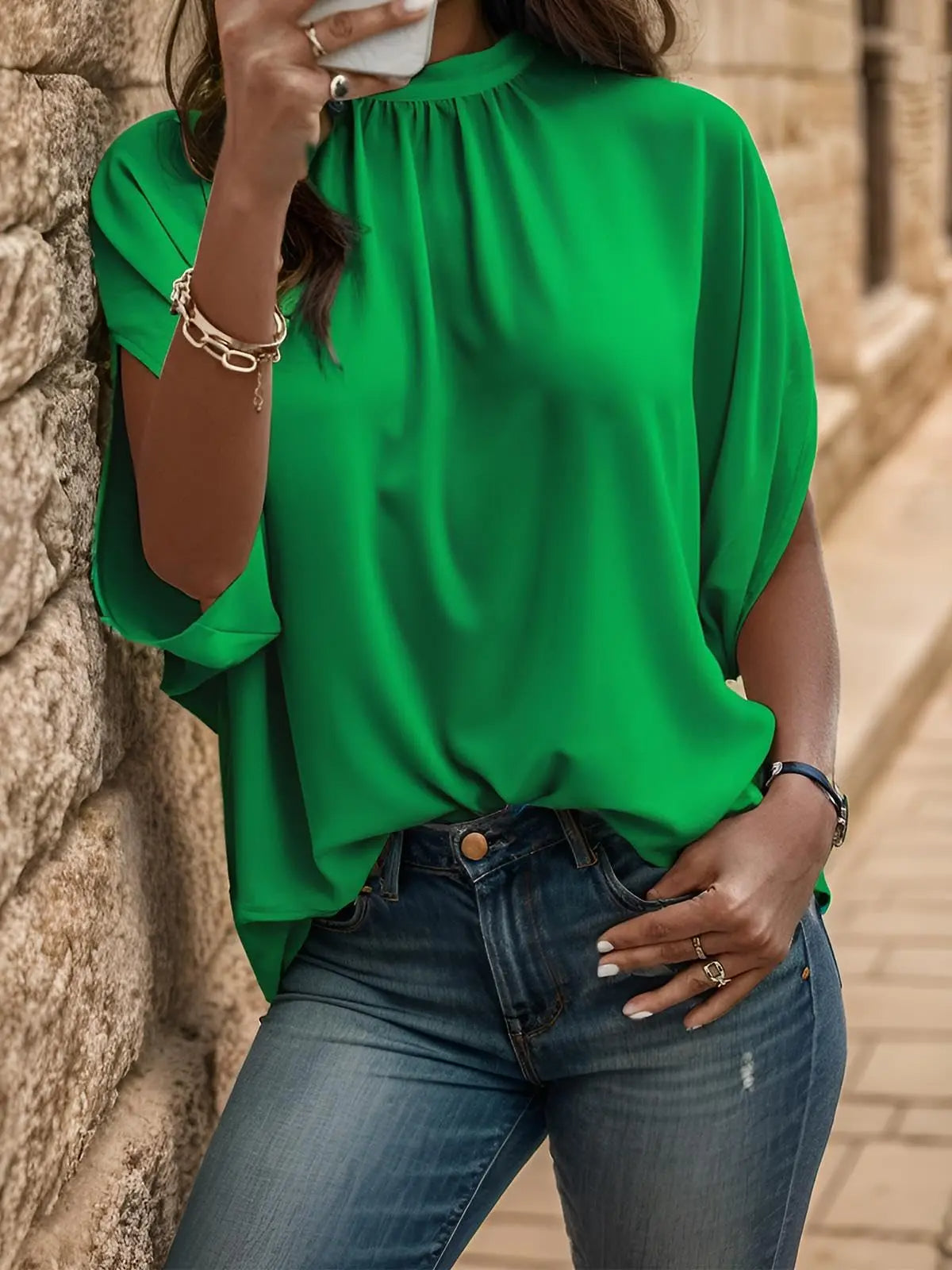 Women's Mock Neck Batwing Sleeve Blouse Loose Fit Tie Back Summer Tunic Tops