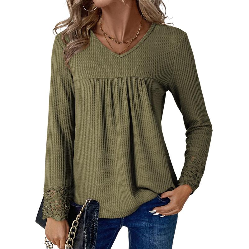 Women's Tops Casual V Neck Long Sleeve Waffle Knit Textured Lace Hollow Out Shirts Loose Tunic Tops Blouses
