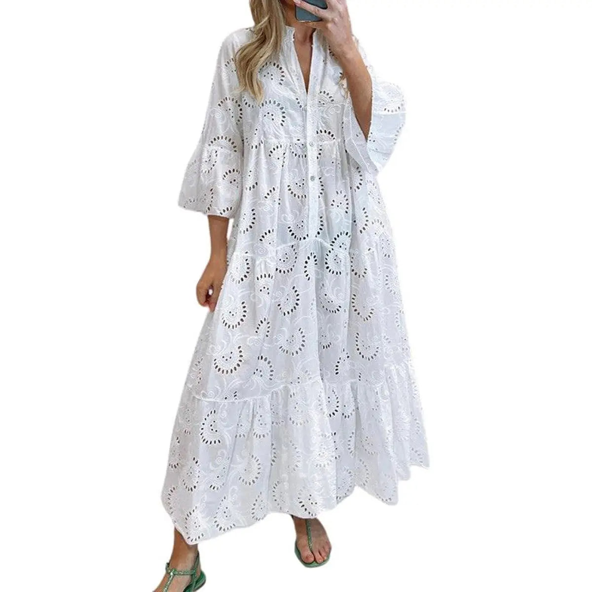 Women's Boho Lace Eyelet Embroidery Maxi Dress
