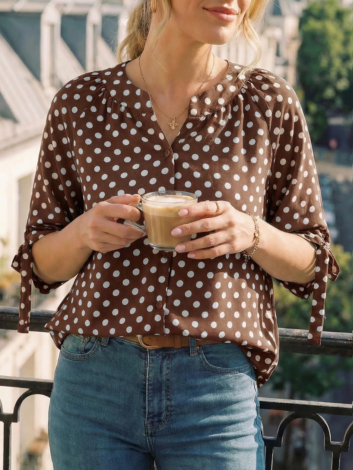 Womens Polka Dot Blouse V Neck Bow Tie Cuff Half Sleeve
