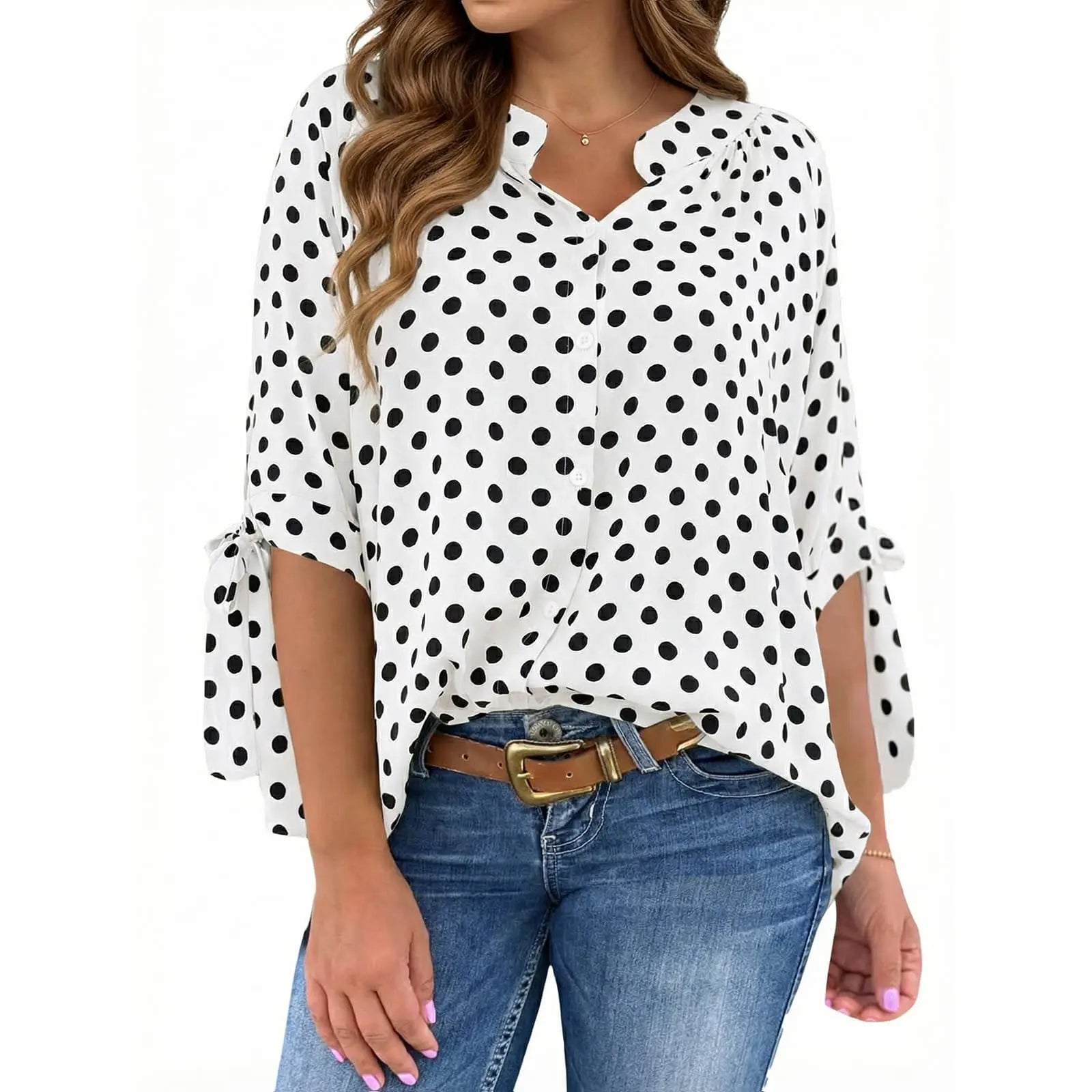 Womens Polka Dot Blouse V Neck Bow Tie Cuff Half Sleeve