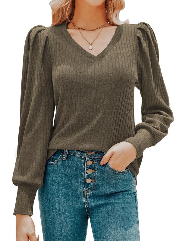 Women's Knit Shirt Soft Puff Long Sleeve Blouse Tops