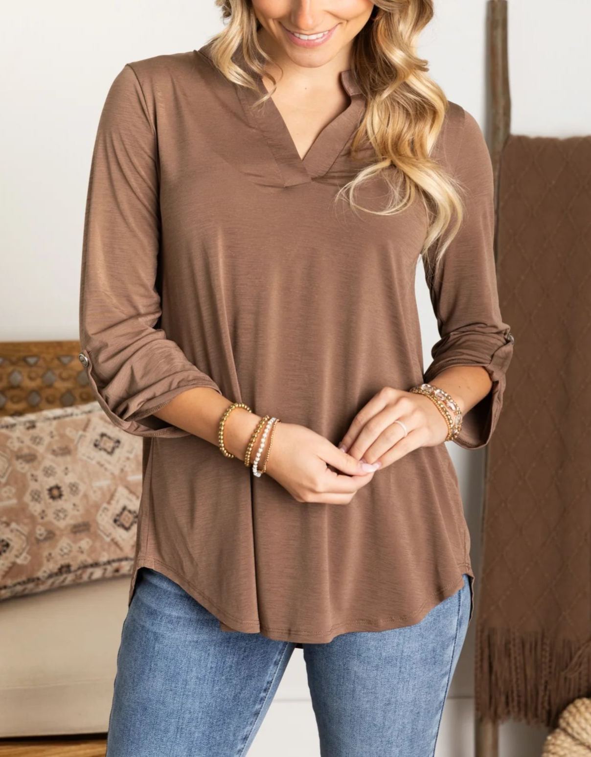 Womens Casual 3/4 Sleeve V Neck Wrinkle Free Top (buy 3 free shipping)