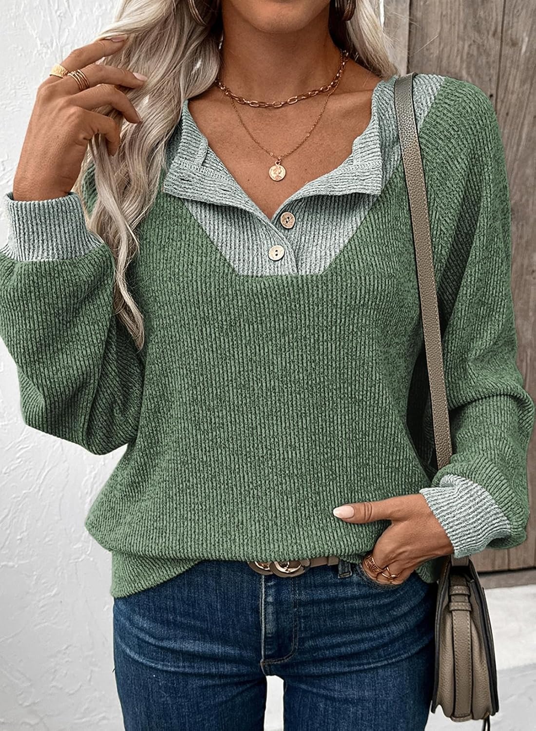 Women's Colorblock Button Up V Neck Long Sleeve Casual Sweatshirts