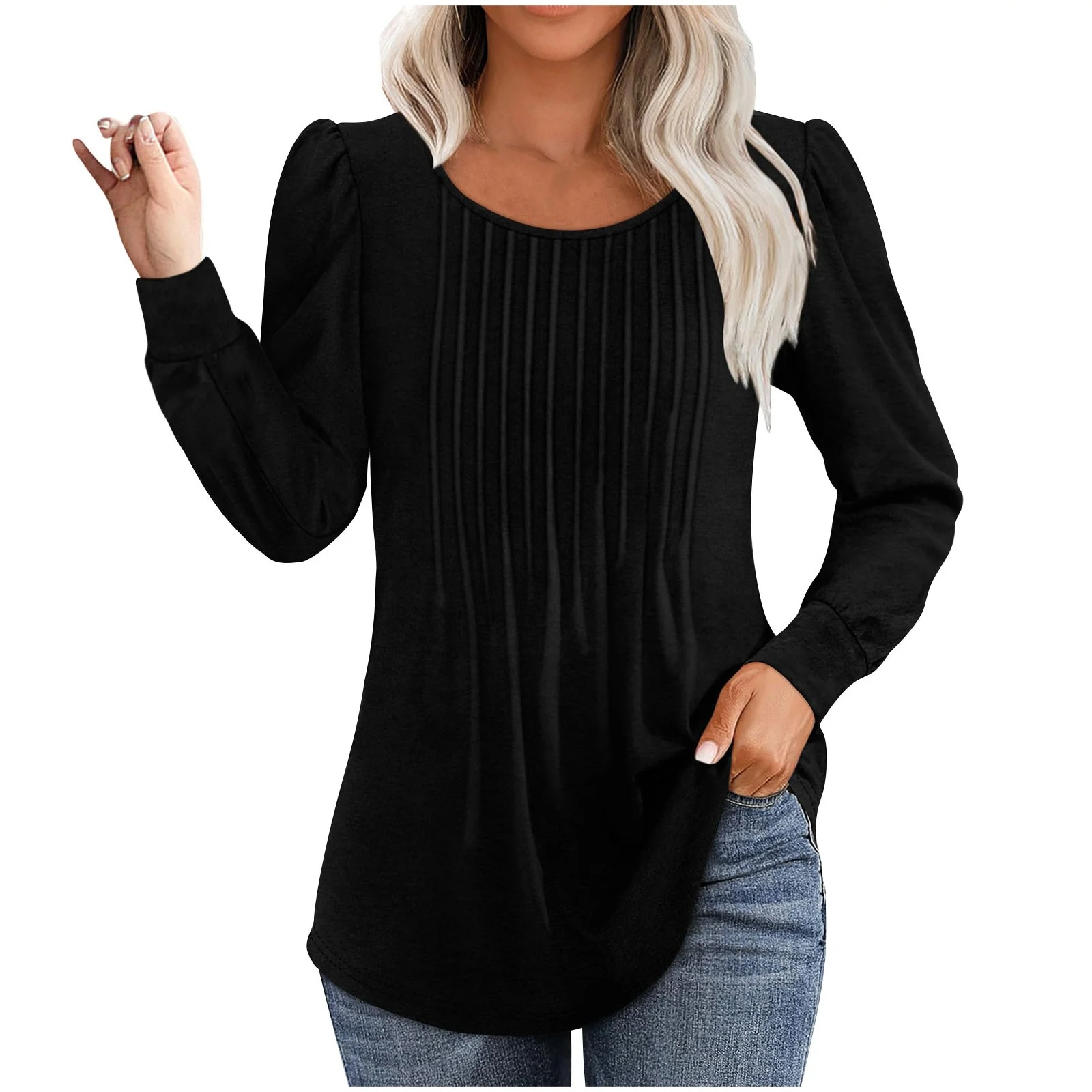 ✨Womens Dressy Long Sleeve Pleated Tops Casual Chic Crew Neck Blouses