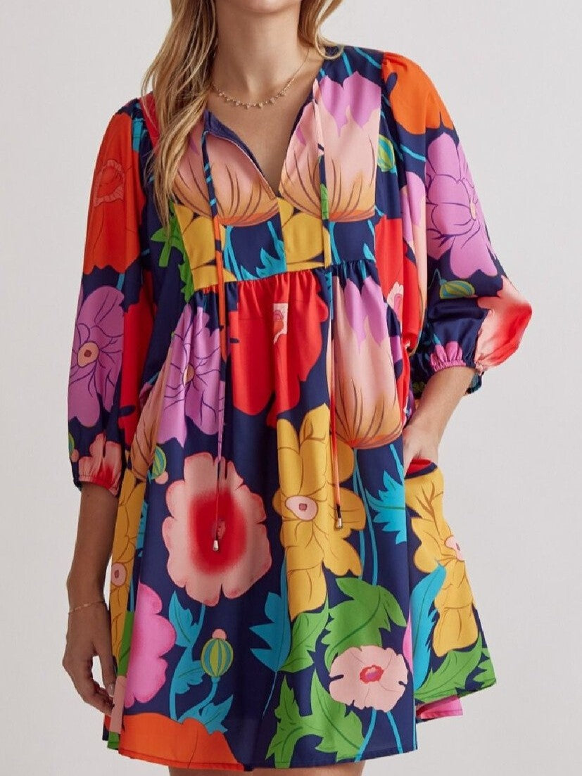 Women's Colorful Floral Half Sleeve Babydoll Dress