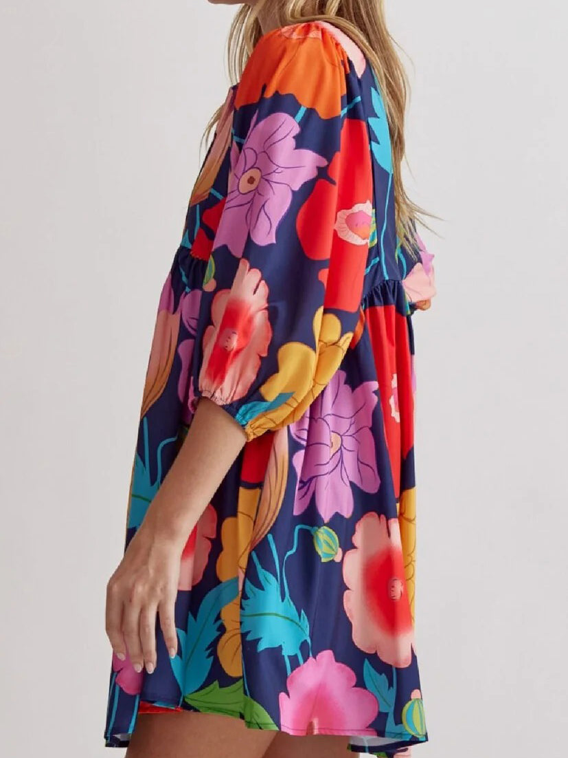Women's Colorful Floral Half Sleeve Babydoll Dress