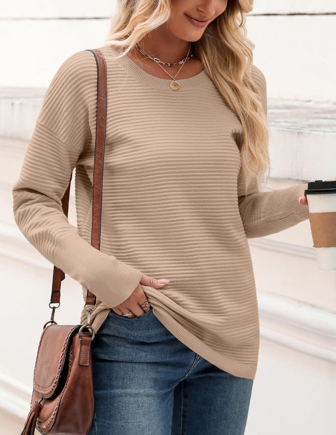 New Oversized Crew Neck Ribbed Knit Sweater (Buy 2 Free Shipping)