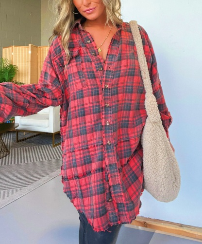 Women's Mineral Washed Plaid Button Down Shirt With Pockets (Buy 2 Free Shipping)