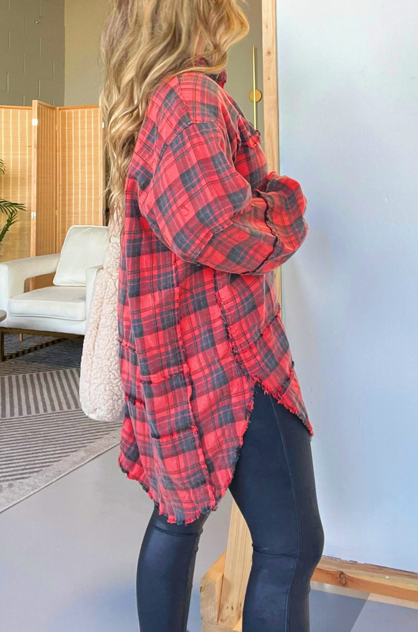 Women's Mineral Washed Plaid Button Down Shirt With Pockets (Buy 2 Free Shipping)