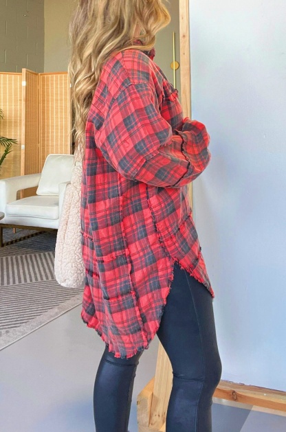 Women's Mineral Washed Plaid Button Down Shirt With Pockets (Buy 2 Free Shipping)