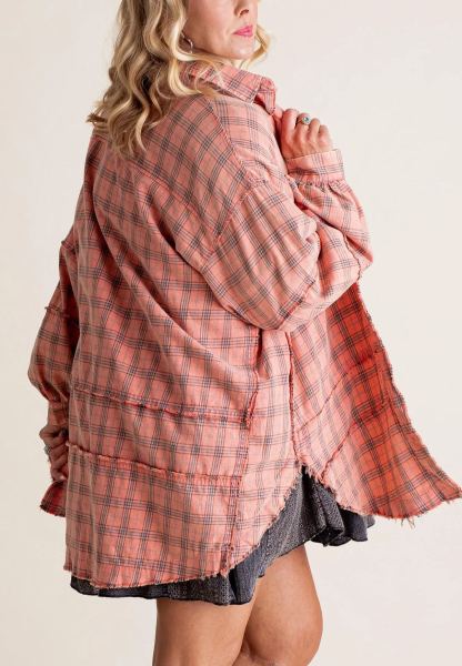 Women's Mineral Washed Plaid Button Down Shirt With Pockets (Buy 2 Free Shipping)