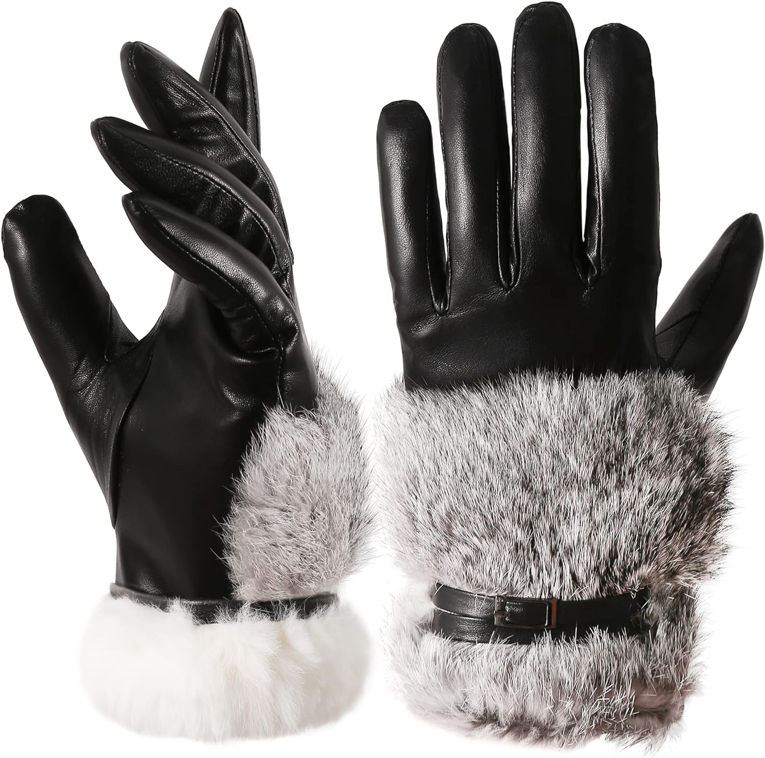 OCXMME Elegant Warm Womens Rabbit Fur Lined Leather Gloves for Women T