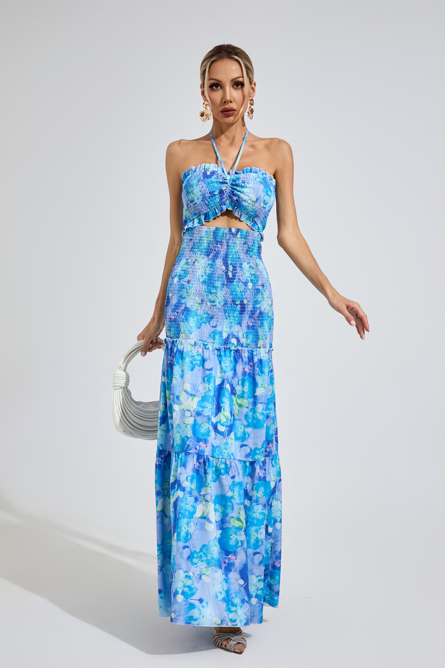 Jenkins Sapphire Blue RUFFLE Halternecck Dress