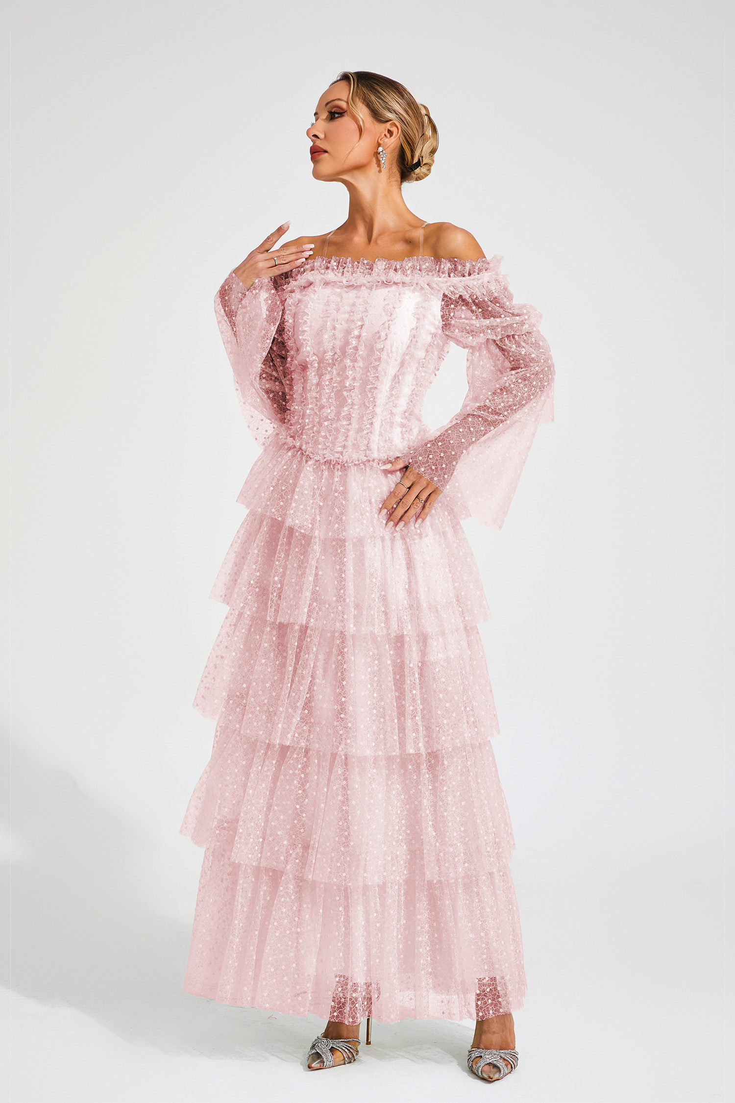 Landon Pink Mesh Tiered Dress
