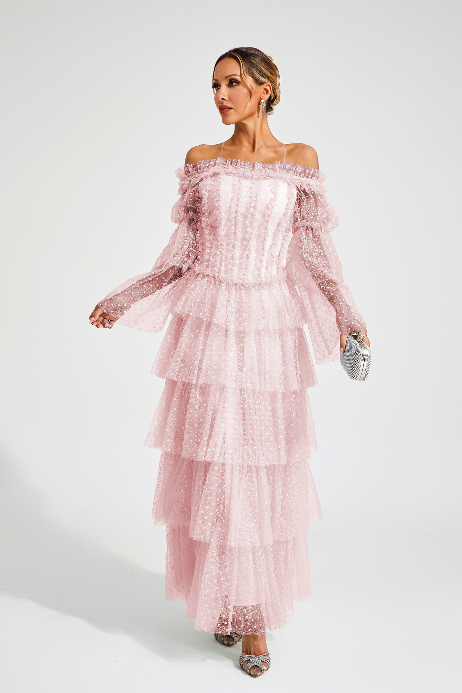 Landon Pink Mesh Tiered Dress