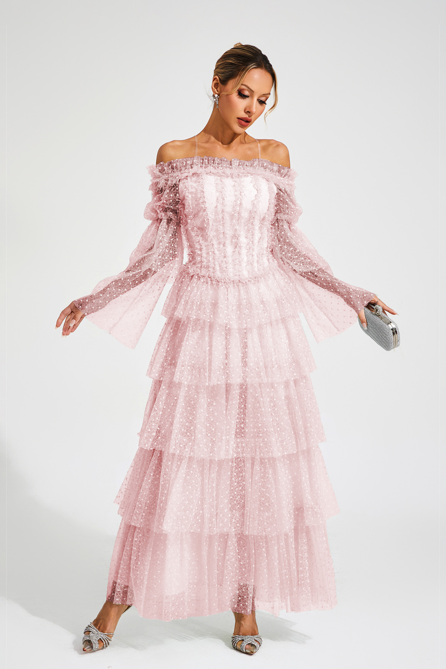 Landon Pink Mesh Tiered Dress