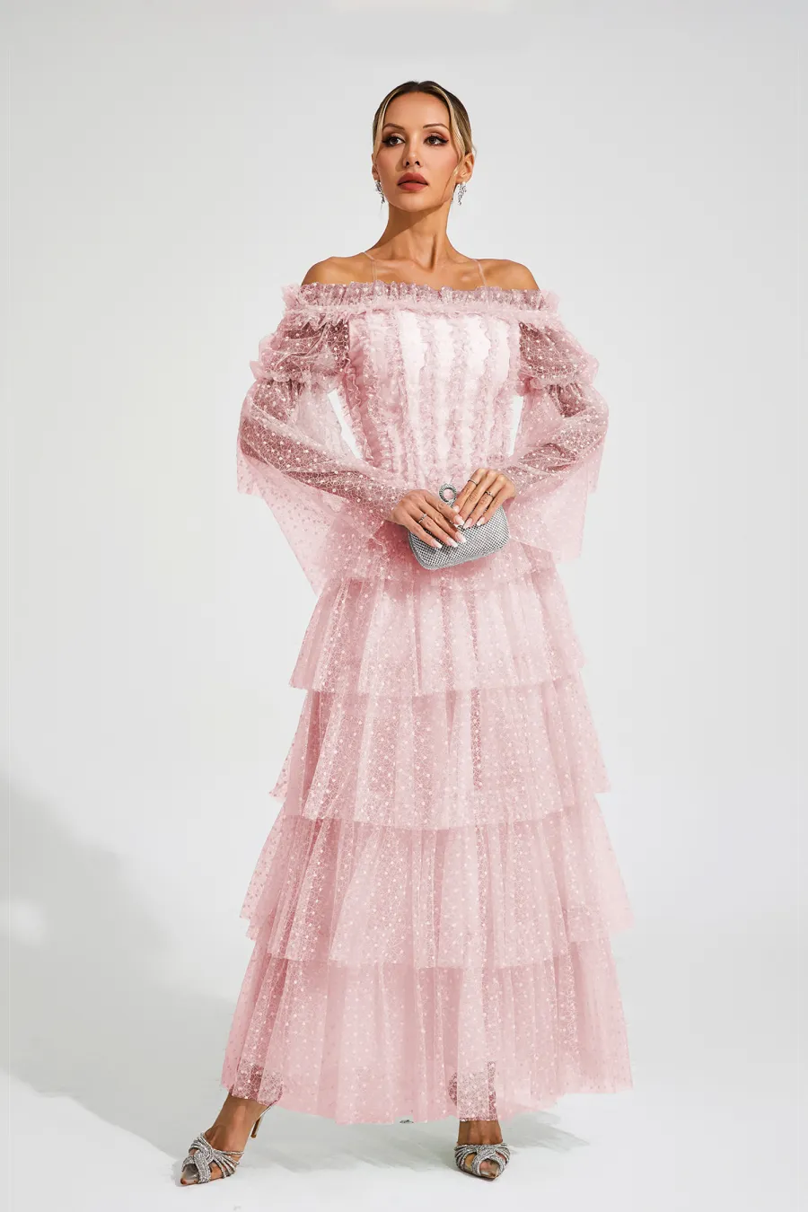 Pink Mesh Tiered Dress