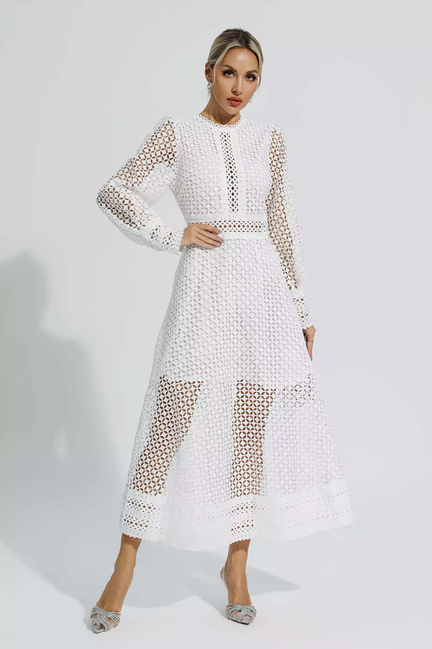 Monroe White Hollow Long Sleeve Maxi Dress-CATCHALL