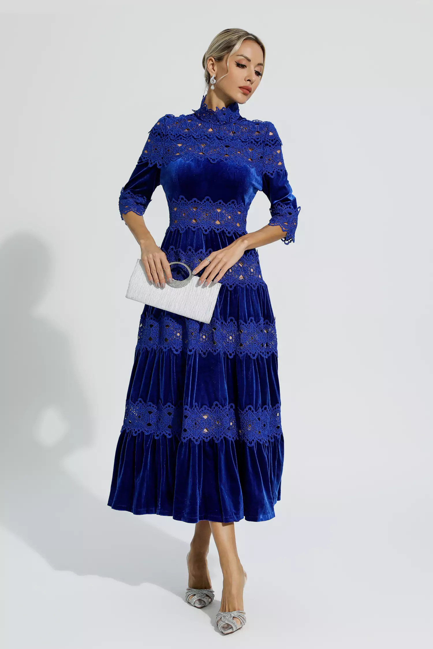 Henley Blue Cut Out Long Sleeve Dress-CATCHALL