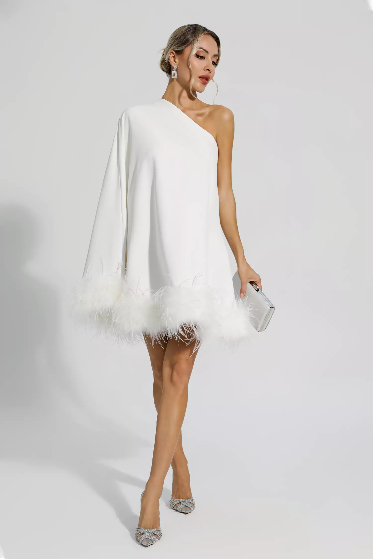 Ailani White Feather Trim One Shoulder Mini Dress-CATCHALL