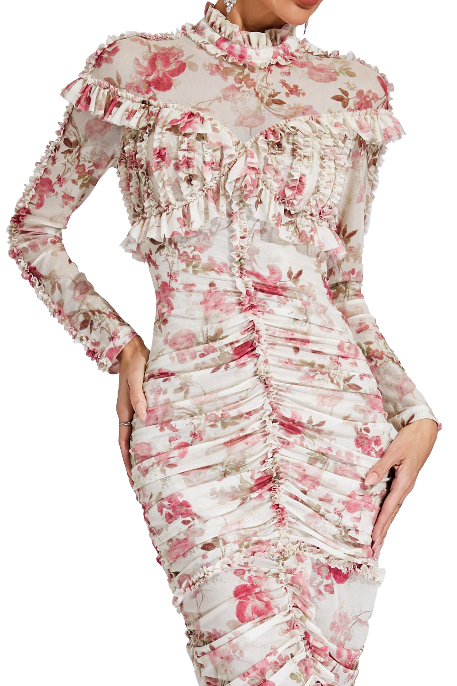 Gunter Pink Ruched Floral Long Sleeve Dress