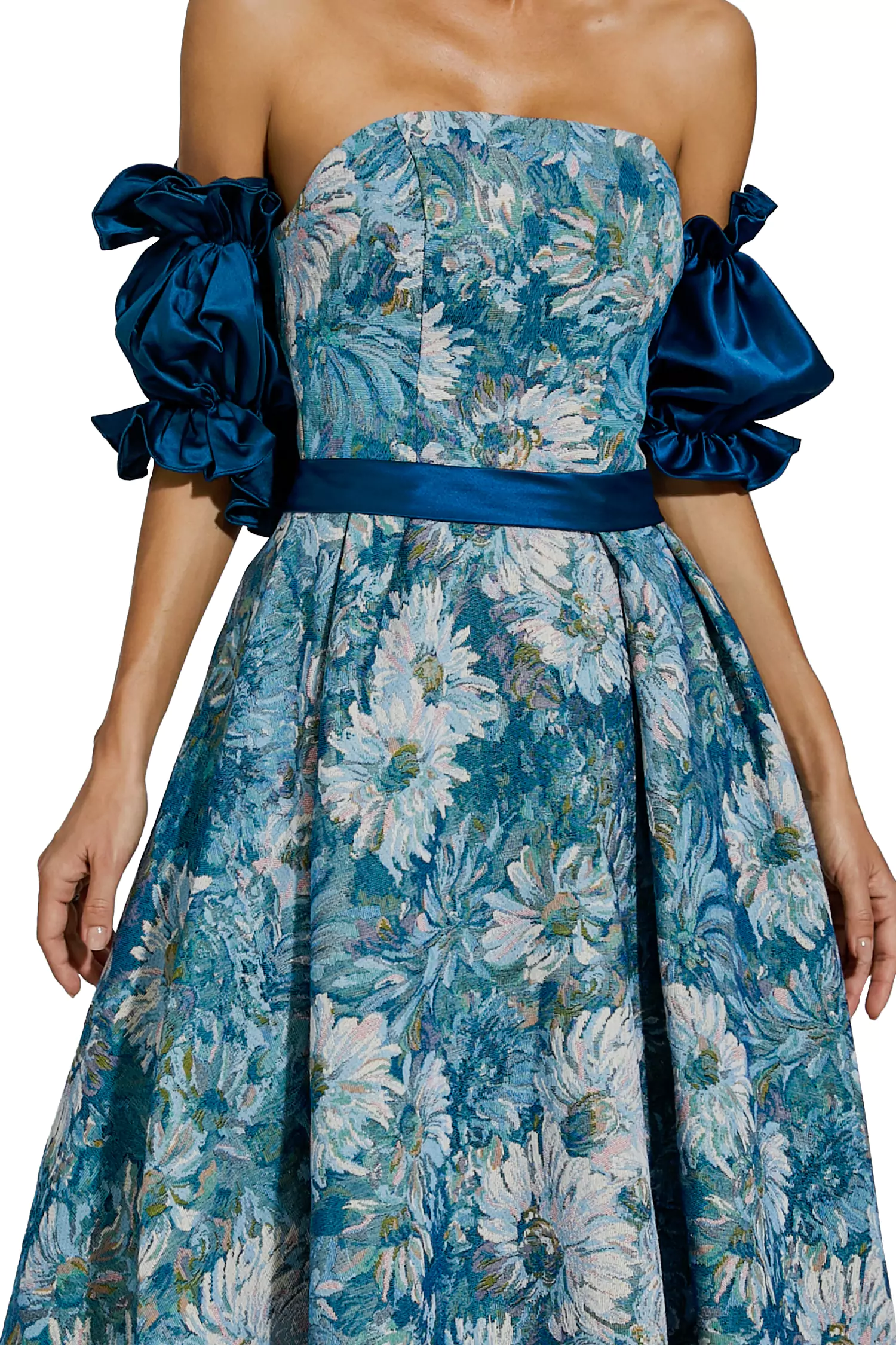 Samia Blue Puff Sleeves Off Shoulder Dress-CATCHALL