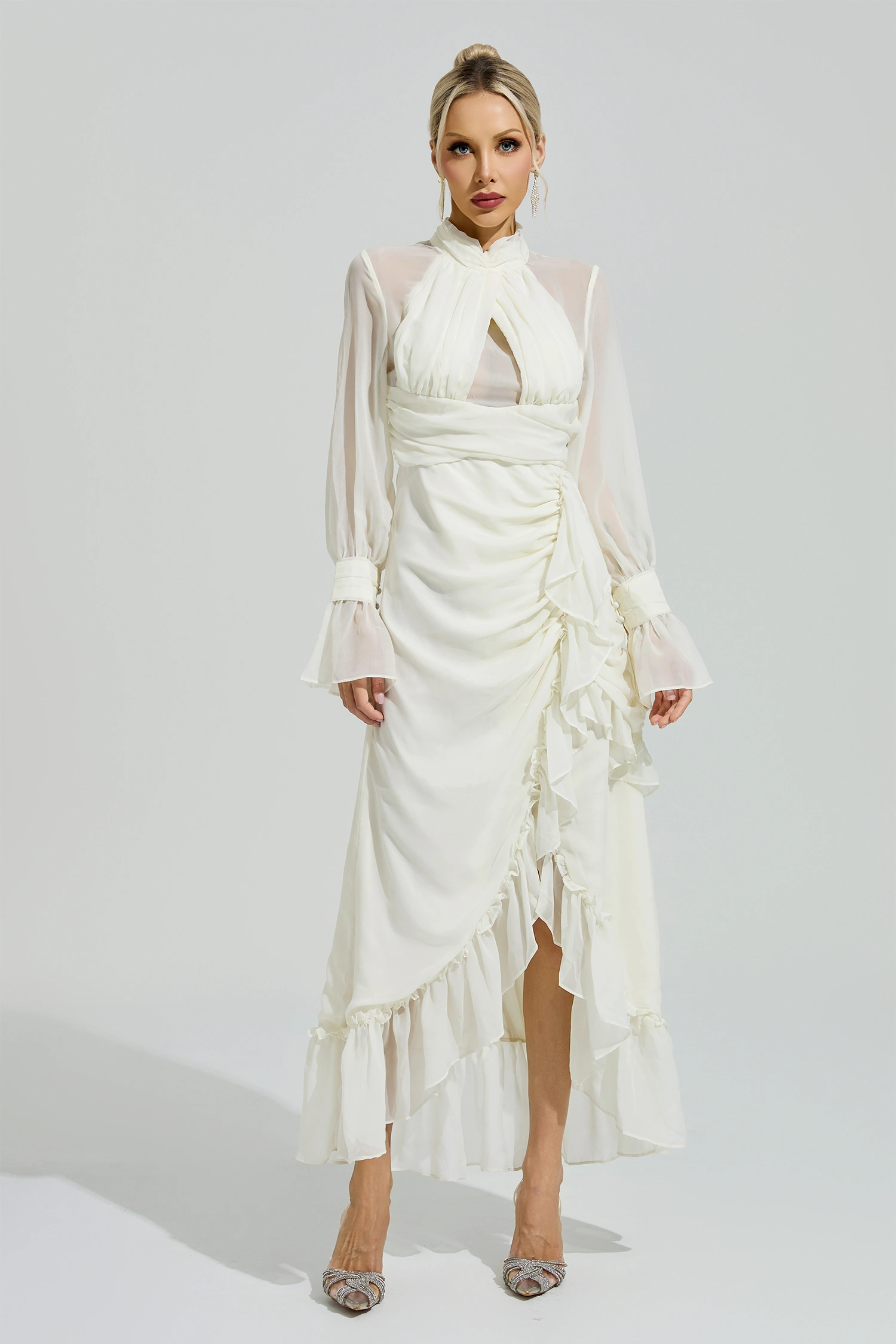 Kristeva Apricot Ruffle Slit Maxi Dress